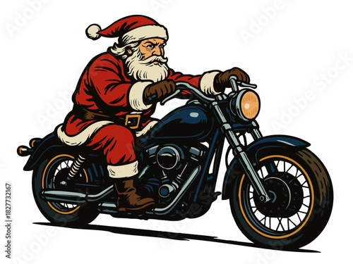 Santa Claus in full costume riding a classic motorcycle, perfect for fun holiday or biker-themed designs. vector colorful pop art illustration.