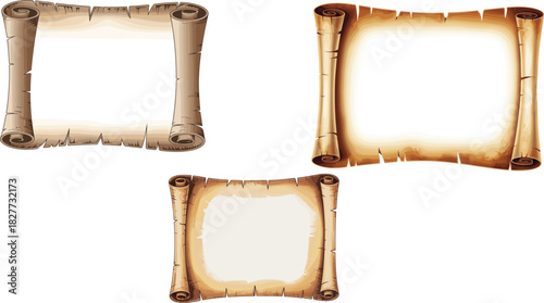 Vintage parchment scroll with blank center, aged paper border design for invitations, certificates, announcements, fantasy themes, ancient documents, and backgrounds