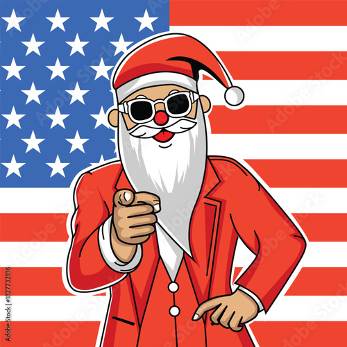 Santa Claus in Uncle Sam Style with American Flag Background