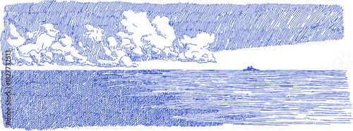 annetdebar_Landscape_of_a_calm_sea_horizon_with_a_distant_shi_bc404400-1d40-4b5c-b97e-06a6cd82b9cc_3_traced