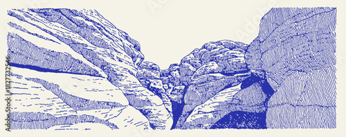 The image is a blue and white drawing of a mountain range with a blue and white background. The mountains are depicted with a lot of detail