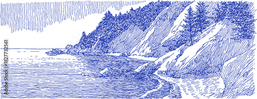 A blue and white drawing of a beach with a cliff in the background. The water is calm and the sky is cloudy
