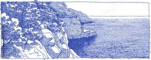 The image is a blue and white drawing of a rocky shoreline with a calm body of water. The shoreline is lined with rocks. The sky is a light blue color. vector illustration