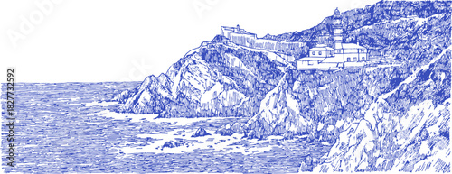 A blue and white drawing of a beach with a rocky cliff in the background. The water is choppy and the sky is clear. vector illustration