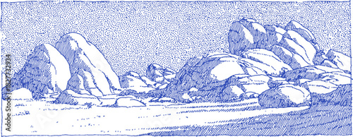 A blue and white drawing of a rocky landscape. The rocks are scattered throughout the scene, with some near the foreground. vector illustration