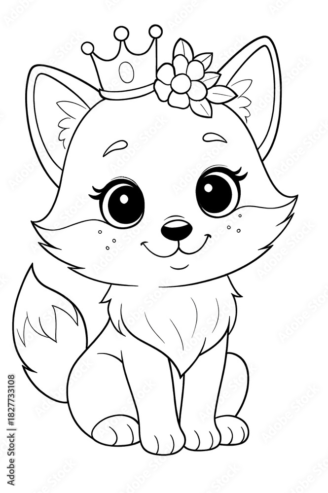 Obraz premium A cartoon fox cub in black and white with big eyes and a sweet smile. He has a crown and a flower on his head, a children's coloring book.