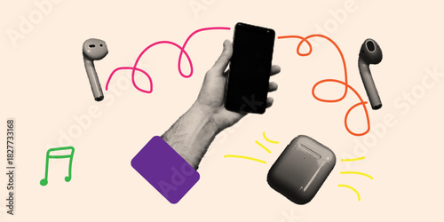 Vector pop art illustration of a hand holding a smartphone with wireless earbuds and a charging case. Retro halftone style design with musical notes and sound waves.