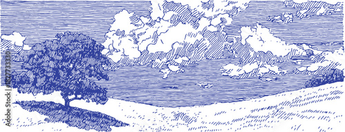 A blue and white drawing of a tree and a field. The tree is on the left side of the image and the field is on the right side. vector illustration