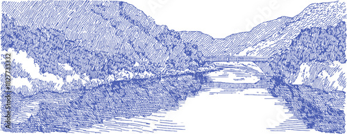 A blue and white drawing of a river with a bridge. The water is calm and the bridge is in the middle of the river. vector illustration