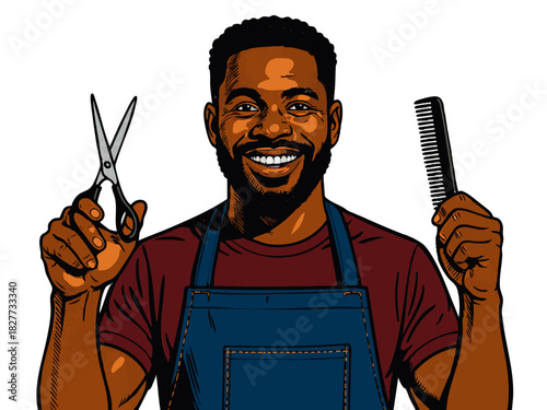 happy male barber in apron, confidently holding scissors and comb, ideal for grooming or hrstyling concepts. vector colorful pop art illustration.