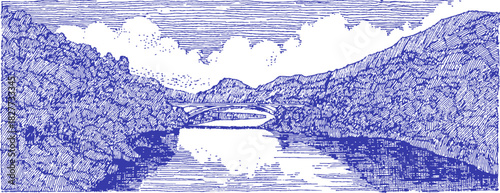 A blue and white drawing of a river with mountains in the background. The water is calm and the mountains are in the distance. vector illustration