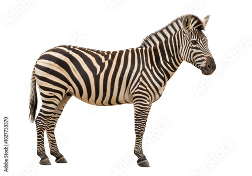 Photography Isolated Zebra standing side view, close-up wildlife animal, equine with black a
