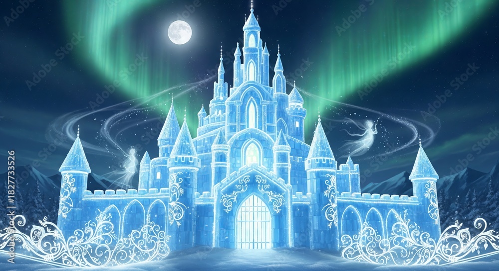 Fototapeta premium Enchanted ice castle under northern lights at night with full moon and snowy landscape for winter fantasy illustration. concept of magical wonderland, fantasy realm, winter imagery