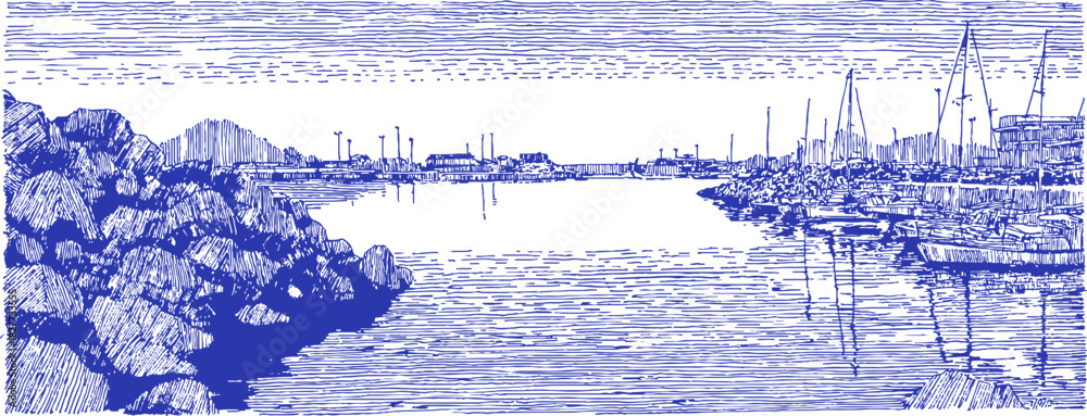 Naklejka premium A blue and white drawing of a river with a boat floating in the water. The boat is located in the middle of the river. vector illustration