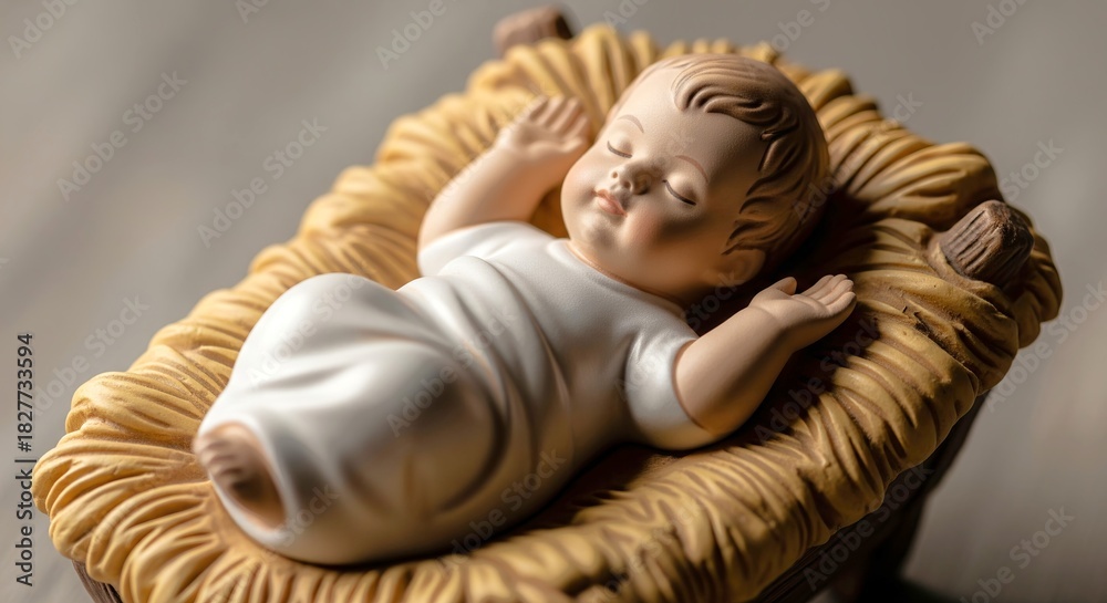 Naklejka premium Ceramic figurine of baby Jesus in a manger. Representation of nativity scene for Christmas and religious celebration.