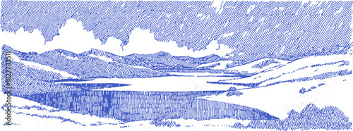 A blue and white drawing of a mountain range with a lake in the foreground. The lake is surrounded by trees and mountains. vector illustration