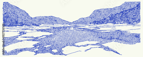 A blue and white drawing of a mountain range and a lake. The drawing is in black and white and has a pixelated appearance. vector illustration
