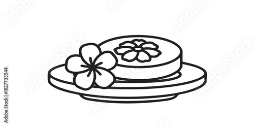 Saucer with scented soap and flower thin line icon, spa massage concept. Vector graphics. Soap for aroma therapy sign on white background, style icon mobile or web design.