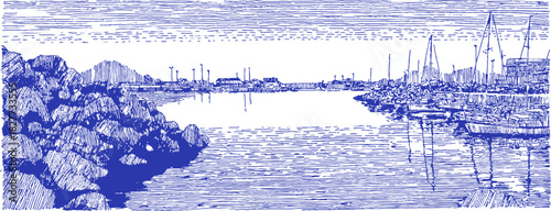 A blue and white drawing of a river with a boat floating in the water. The boat is located in the middle of the river. vector illustration