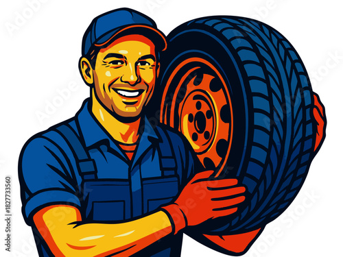 Tire Technician cheerful mechanic in uniform and gloves holding a car tire, ideal for automotive and repr themes. vector colorful pop art illustration.