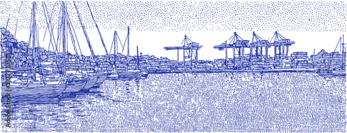 A blue and white image of a harbor with a boat in the foreground. The boat is a sailboat. vector illustration