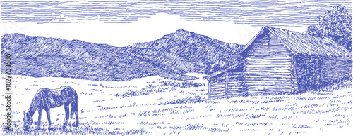 A horse is grazing in a field. The field is surrounded by mountains. A barn is in the background. vector illustration