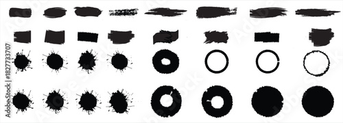 Set of vector paint brush stroke, ink splash and grungy decoration elements. Freehand grunge brush illustration. Black watercolor splatter, texture, frame and abstract background for social media.