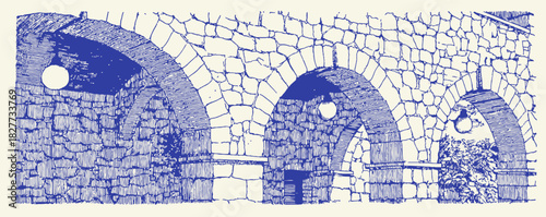 A blue and white drawing of a stone archway. The archway is made of stone and has a blue and white color scheme. vector illustration