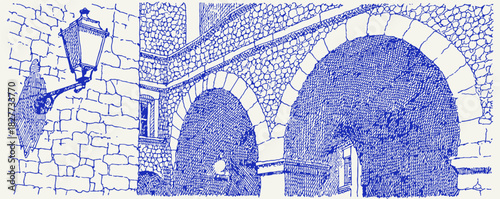 The image is a blue and white drawing of a stone archway. The archway is made of stone and has a blue and white color scheme. vector illustration
