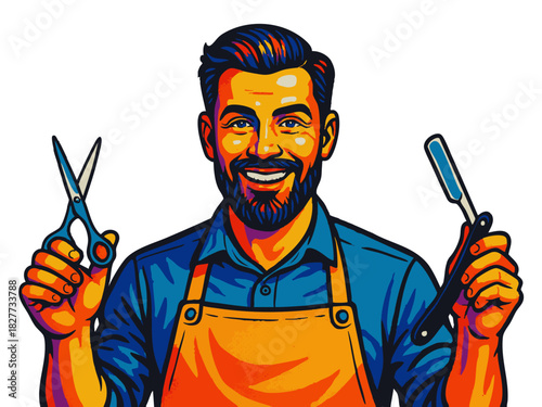 cheerful male barber in apron, holding scissors and a strght razor, perfect for grooming and salon concepts. vector colorful pop art illustration.