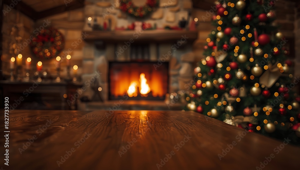 Obraz premium Christmas background with fireplace and christmas tree for product placement mockup