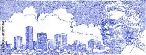 A blue and white drawing of a city skyline with a man's face in the background. The man's face is blurry and hard to see. vector illustration