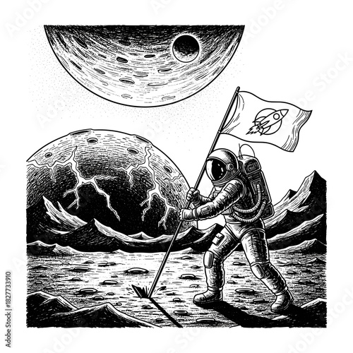 Astronaut planting a flag on alien planet during space exploration  