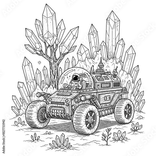 Biodegradable rover exploring alien forest with crystalline structures  