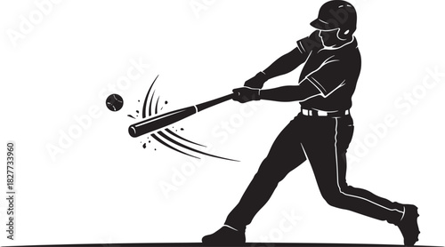Black silhouette of baseball batter hitting on white background, vector