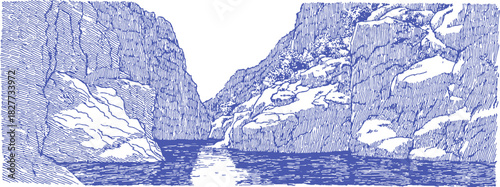 A blue and white drawing of a mountain valley with a river running through it. The water is calm and the mountains are rocky. vector illustration