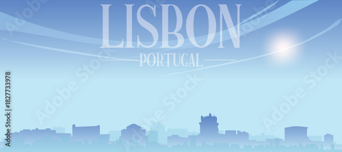Blue panoramic poster of the city skyline with misty background buildings and clouds of LISBON, PORTUGAL