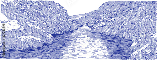 A blue and white drawing of a river. The water is blue and the sky is white. vector illustration