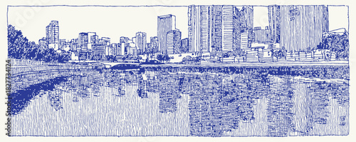 A city skyline with a river running through it. The water is reflecting the buildings. There are many boats on the water. vector illustration