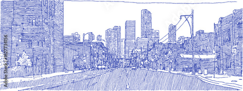 A blue and white drawing of a city street. There are many people walking on the sidewalk. vector illustration