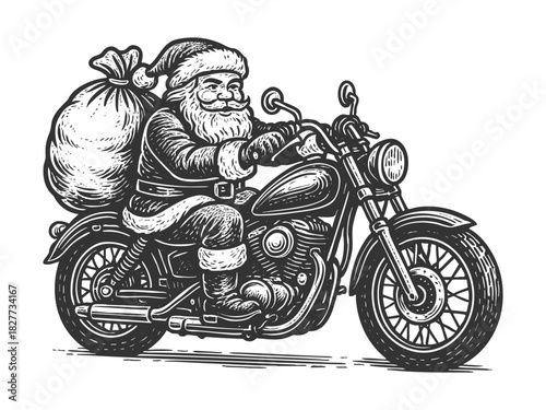 Santa Claus delivering gifts on a motorcycle, ideal for Christmas, biker, or holiday themes sketch engraving fictional character vector illustration. Scratch board. Black and white image