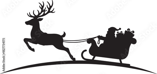 Black silhouette of christmas reindeer and sleigh on white background, vector.