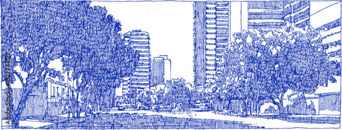 A blue and white drawing of a city street with trees and buildings. The street is lined with trees and has a sidewalk. vector illustration