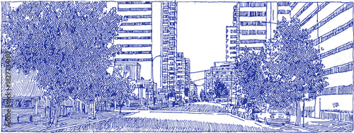 A blue and white drawing of a city street with a tree on the left side. There are several people walking on the sidewalk. vector illustration