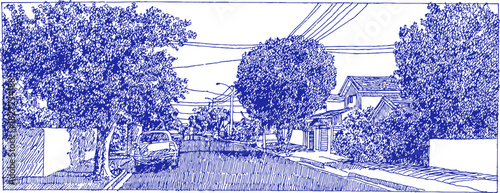 The image is a blue and white drawing of a street scene with a house and trees. The trees are green. vector illustration