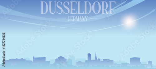 Blue panoramic poster of the city skyline with misty background buildings and clouds of DUSSELDORF, GERMANY