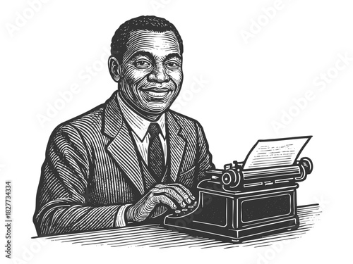 Man sitting at a desk with a typewriter, perfect for writing, journalism, or history themes sketch engraving fictional character vector illustration. Scratch board. Black and white.