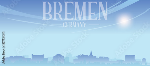 Blue panoramic poster of the city skyline with misty background buildings and clouds of BREMEN, GERMANY