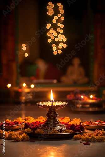 Lit Diya Lamp with Flower Decoration for Diwali Festival Celebration at Night