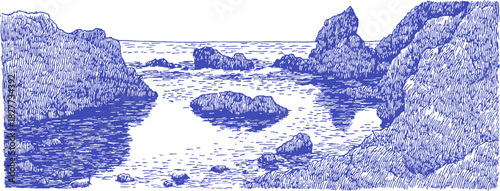 A blue and white drawing of a rocky shoreline with a body of water. The water is calm. vector illustration